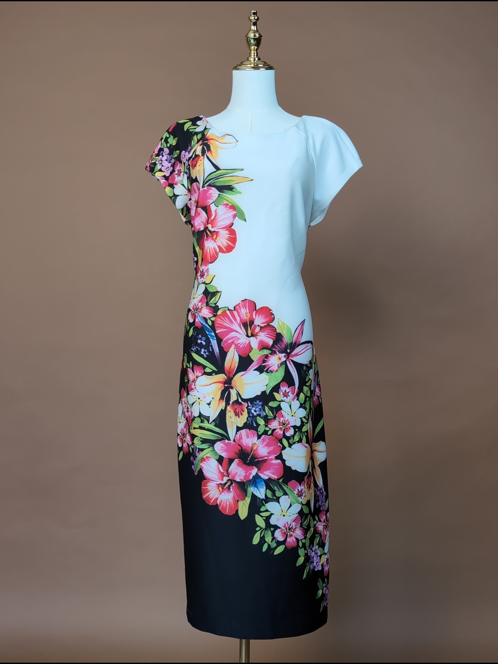 Vibrant Beige by ECI Hibiscus Asymmetric Sheath Dress in White Black